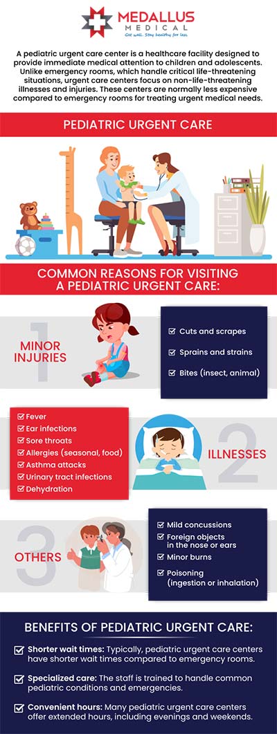 Medallus Urgent Care, provides compassionate and timely pediatric care for children of all ages. Our clinics are equipped with child-friendly facilities and staffed by experienced professionals specializing in pediatric medicine. Whether your child needs treatment for an acute illness, minor injury, or routine check-up, Medallus Urgent Care ensures comprehensive and gentle medical attention to keep your little ones healthy. For more information please contact us or see our business hours online. We have convenient locations to serve you in Jamestown, ND, Fargo, ND, and Mandan, ND. Medallus Urgent Care, provides compassionate and timely pediatric care for children of all ages. Our clinics are equipped with child-friendly facilities and staffed by experienced professionals specializing in pediatric medicine. Whether your child needs treatment for an acute illness, minor injury, or routine check-up, Medallus Urgent Care ensures comprehensive and gentle medical attention to keep your little ones healthy. For more information please contact us or see our business hours online. We have convenient locations to serve you in Jamestown, ND, Fargo, ND, and Mandan, ND.