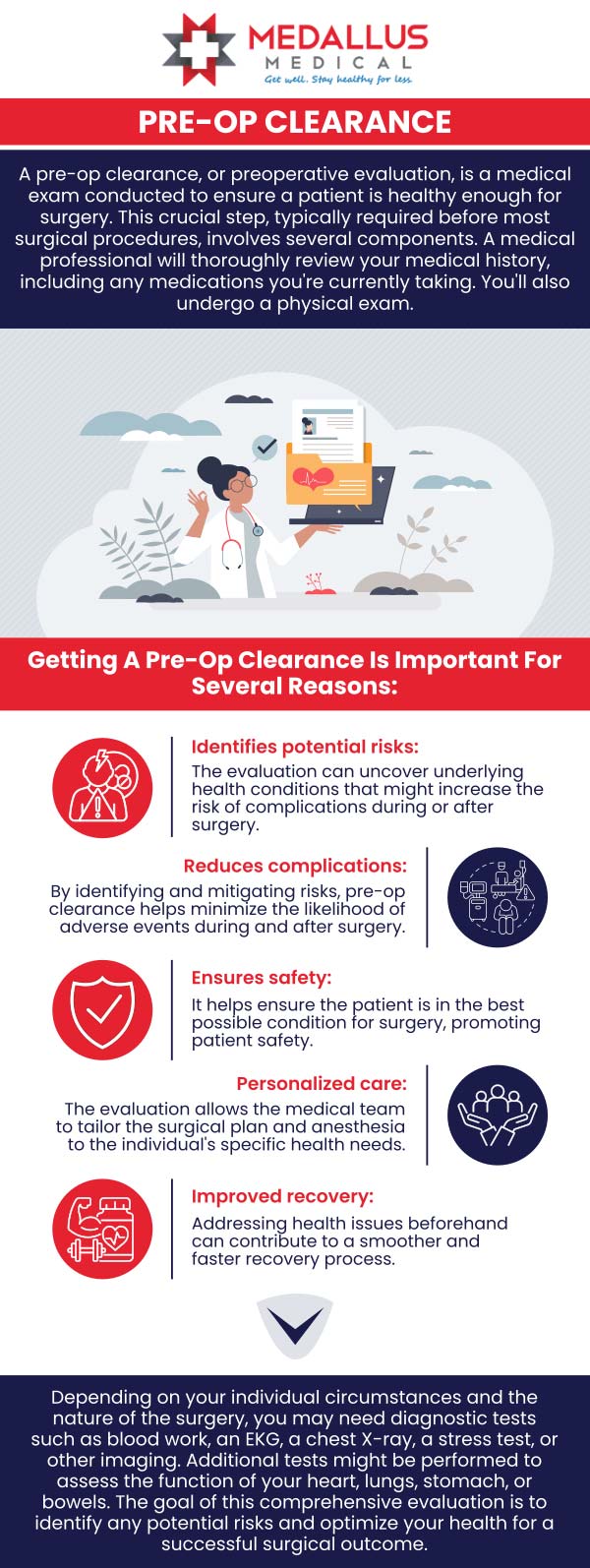 Medallus Urgent Care offers efficient and accessible pre-operative (pre-op) clearance physicals to help you prepare for surgery. Our medical team conducts comprehensive evaluations, including medical history reviews, physical exams, and necessary diagnostic tests such as blood work and EKGs. With walk-in availability and extended hours, Medallus ensures timely clearance to meet your surgical schedule. For more information please contact us or see our business hours online. We have convenient locations to serve you in Jamestown, ND, Fargo, ND, and Mandan, ND. Medallus Urgent Care offers efficient and accessible pre-operative (pre-op) clearance physicals to help you prepare for surgery. Our medical team conducts comprehensive evaluations, including medical history reviews, physical exams, and necessary diagnostic tests such as blood work and EKGs. With walk-in availability and extended hours, Medallus ensures timely clearance to meet your surgical schedule. For more information please contact us or see our business hours online. We have convenient locations to serve you in Jamestown, ND, Fargo, ND, and Mandan, ND.