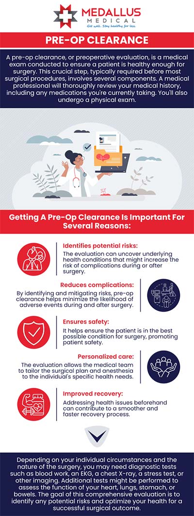 Medallus Urgent Care offers efficient and accessible pre-operative (pre-op) clearance physicals to help you prepare for surgery. Our medical team conducts comprehensive evaluations, including medical history reviews, physical exams, and necessary diagnostic tests such as blood work and EKGs. With walk-in availability and extended hours, Medallus ensures timely clearance to meet your surgical schedule. For more information please contact us or see our business hours online. We have convenient locations to serve you in Jamestown, ND, Fargo, ND, and Mandan, ND. Medallus Urgent Care offers efficient and accessible pre-operative (pre-op) clearance physicals to help you prepare for surgery. Our medical team conducts comprehensive evaluations, including medical history reviews, physical exams, and necessary diagnostic tests such as blood work and EKGs. With walk-in availability and extended hours, Medallus ensures timely clearance to meet your surgical schedule. For more information please contact us or see our business hours online. We have convenient locations to serve you in Jamestown, ND, Fargo, ND, and Mandan, ND.
